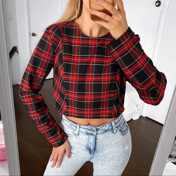 ❤️ ZARA RED BLACK PLAID LONG SLEEVE CROP TOP! - Picture 4 of 13
